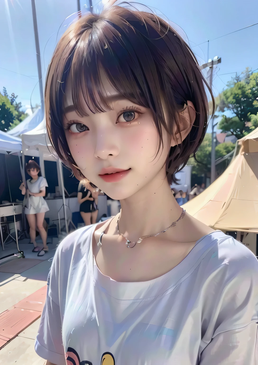 (Best Quality:1.3)、(Masterpiece:1.4)、Original photo、8k、((Best image quality))、 ((High resolution))、Beautiful face in every detail、Realistic human skin、(Cute natural anime face)、(One Woman:1.3)、Realistic、Photorealistic、Short Hair、(Beautiful woman)、((Cool Japanese Girls))、(boyish:1.3)、mannish、((Beautiful woman))、(Beautiful Hair)、((Dark brown hair))、(Blushing:1.35)、(Fashion Model:1.3)、(Every woman admires her face:1.3)、((Her eyes are big))、20-year-old beauty、(Small face)、Small Head、((Long neck))、(Music Festival:1.3)、(Concert T-shirts:1.3)、(Oversized clothing:1.3)、necklace、(Featured Musicians:1.3)、((The aspirations of young people))、Attractive lips、[smile]、((Everyone's eyes are captured))