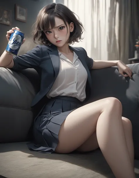 1girl, career woman in her 30s, short permed hair, navy skirt, tired expression, taking a canned beer from fridge, holding beer ...