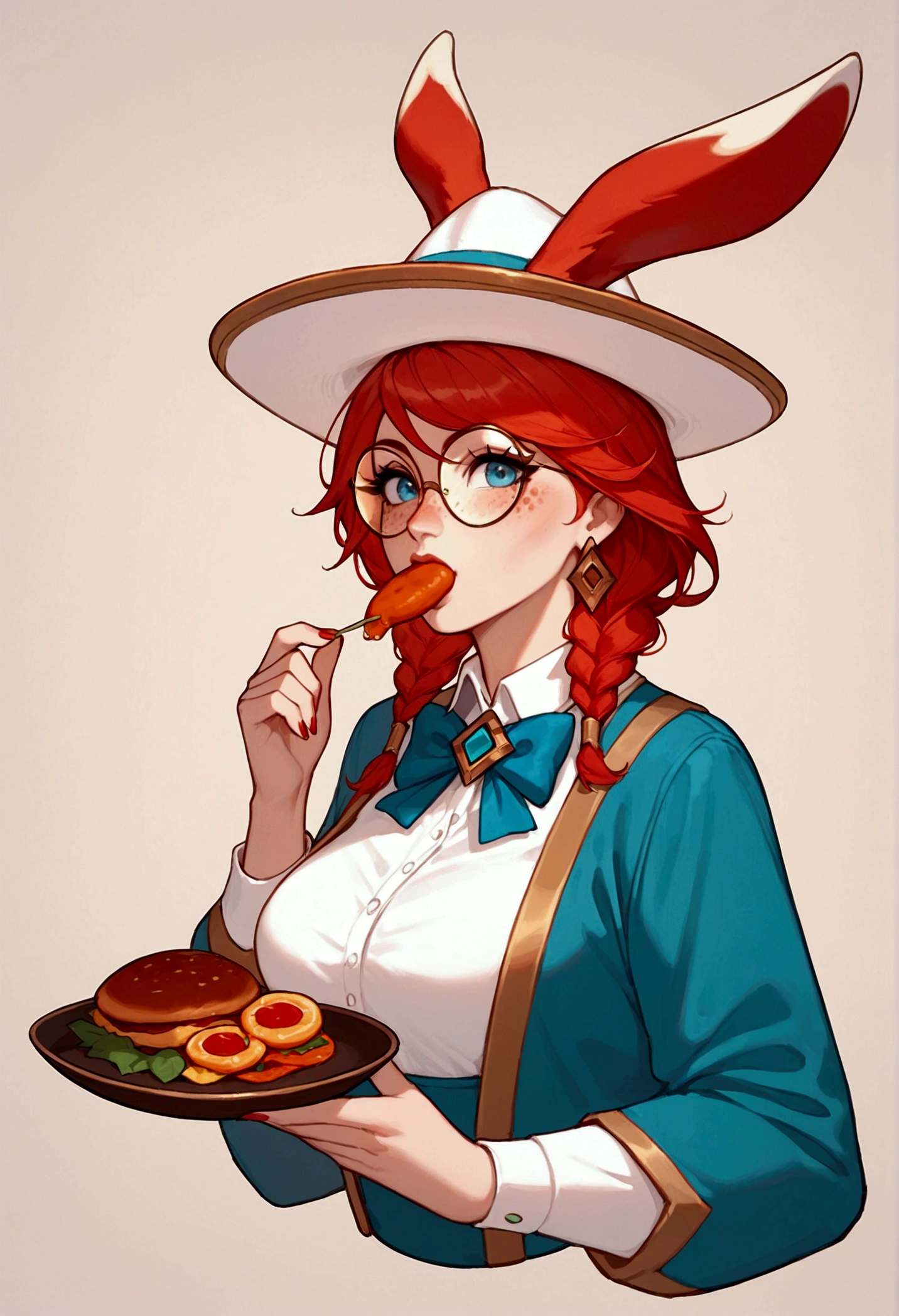 score_9, score_8_up, score_7_up, Aurora (League of Legends), 1 girl, blue eyes, red hair, sexy, round glasses, freckles, bunny ears, full body, mariachi cosplay, fake mustache, Mexican charro hat, squinty eyes, earrings, long eyelashes, sexy, big bust, beautiful face, eating