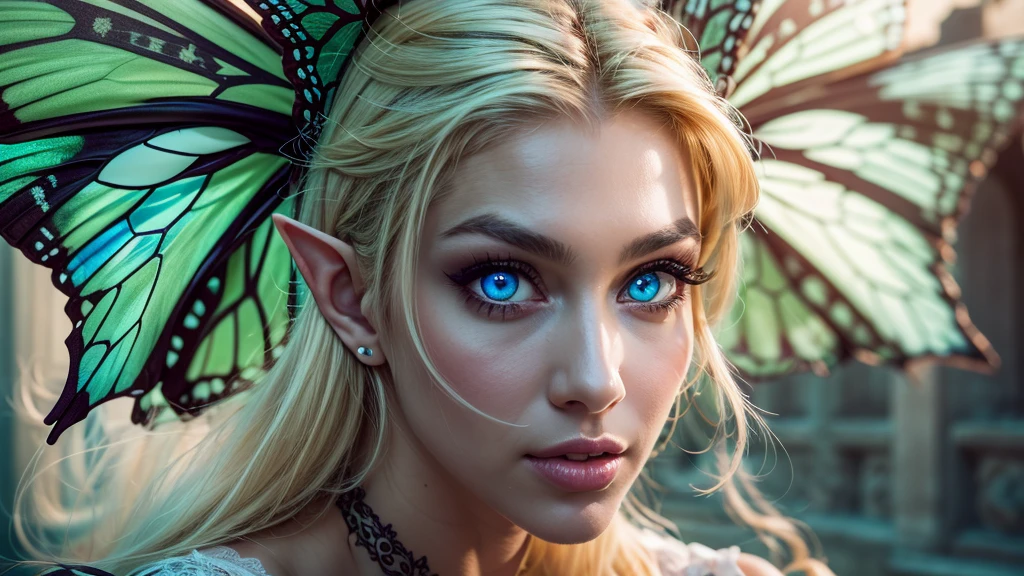 Beautiful, Amazing face and eyes, makeup, (extremely detailed beautiful face), Blonde, (sexiest look), (Beautiful breasts:1.3), (Best Quality:1.4), (Ultra-detailed), (extremely detailed CG unified 8k wallpaper), Highly detailed, RAW Photos, Professional Photography, (silk see through lace:1.3), full body, sitting, (Spread your legs), (:1.4), plein air, Illumination, (Super fancy photos:1.4), (Dazzling light), Radiant Photography, depth of fields, (Glowing blue eyes), (realistic elf ear), (castle, fantasy setting), ((orbs)), massive butterfly wings,