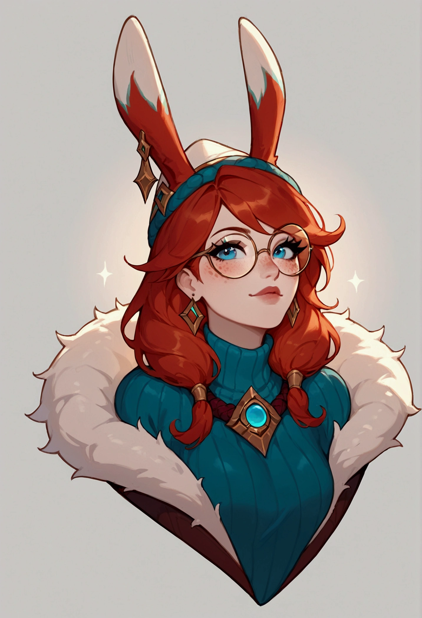 score_9, score_8_up, score_7_up, Aurora (League of Legends), 1 girl, blue eyes, red hair, sexy, round glasses, freckles, bunny ears, full body, Mexican charro hat, squinty eyes, earrings, long eyelashes, sexy, big bust, beautiful face, partying