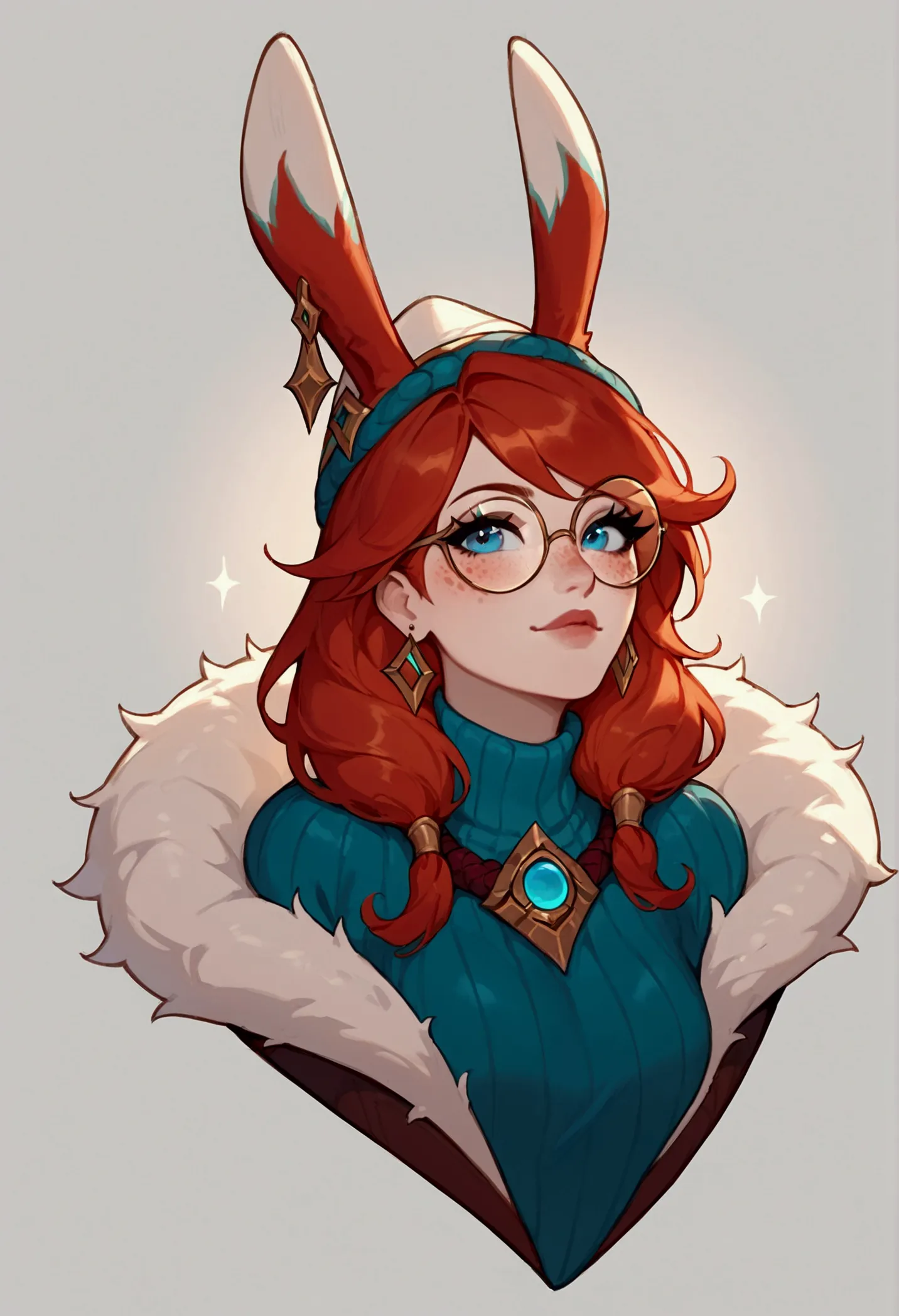 score_9, score_8_up, score_7_up, aurora (league of legends), 1 girl, blue eyes, red hair, sexy, round glasses, freckles, bunny e...