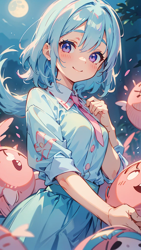 Young woman、Alone、Light blue blouse shirt、Light blue hair、Pink Eyes、A gentle gaze、smile、Upper body close-up、Shrimp mascot、Delicate contours、Under the moonlight、Blur the background