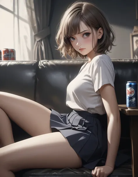 1girl, career woman in her 30s, short permed hair, navy skirt, tired expression, taking a canned beer from fridge, holding beer ...