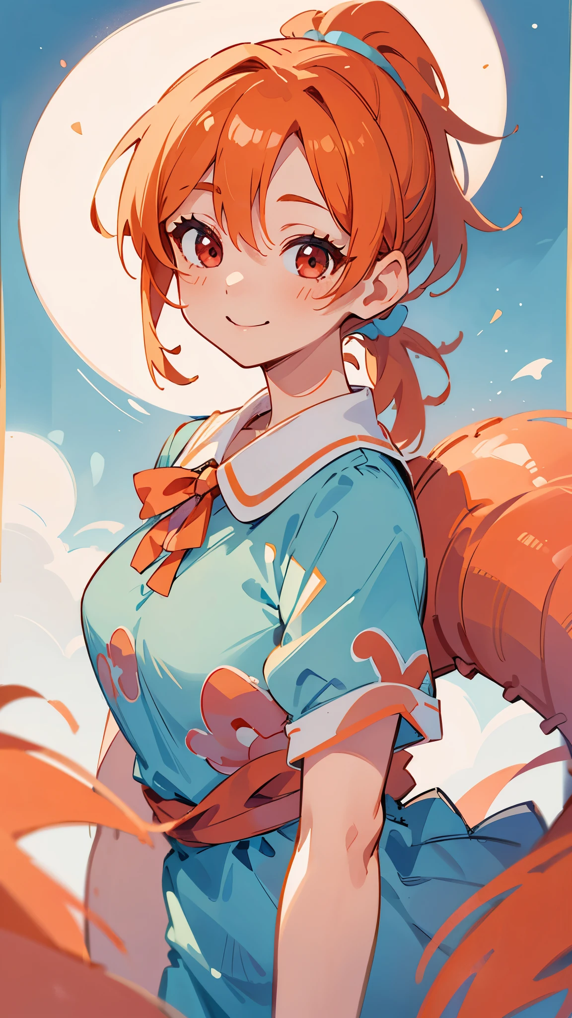 Young woman、Alone、Light blue blouse shirt、Orange Hair、Ponytail、Round red eyes、A gentle gaze、smile、Upper body close-up、Shrimp mascot、Delicate contours、Under the moonlight、Blur the background