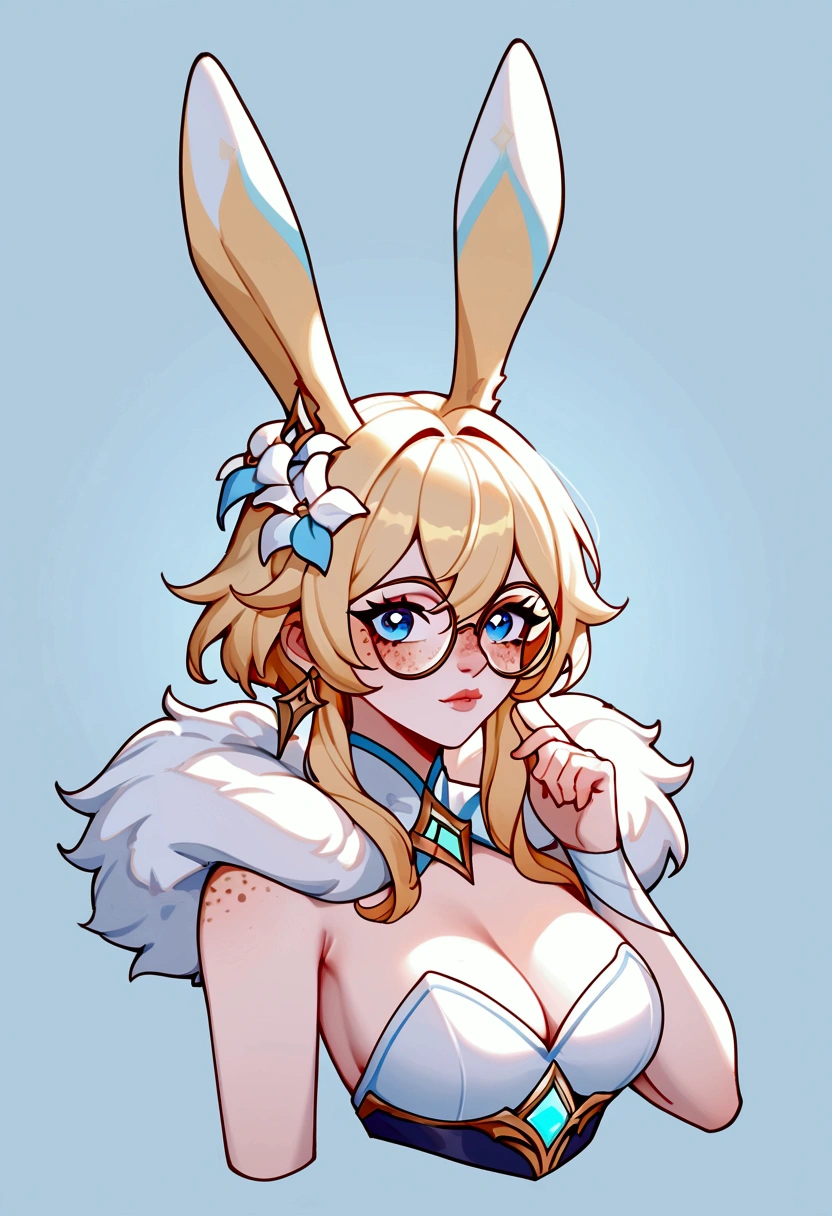 score_9, score_8_up, score_7_up, Aurora (League of Legends), 1 girl, blue eyes, blonde hair, sexy, round glasses, freckles, bunny ears, full body, Lumine (Genshin Impact) cosplay, squinty eyes, earrings, long eyelashes, sexy, big bust, beautiful face,