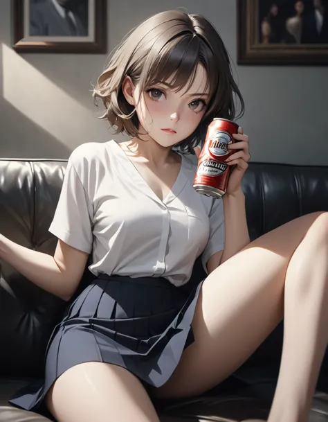 1girl, career woman in her 30s, short permed hair, navy skirt, tired expression, taking a canned beer from fridge, holding beer ...