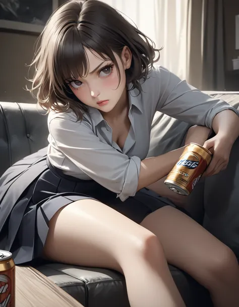 1girl, career woman in her 30s, short permed hair, navy skirt, tired expression, taking a canned beer from fridge, holding beer ...