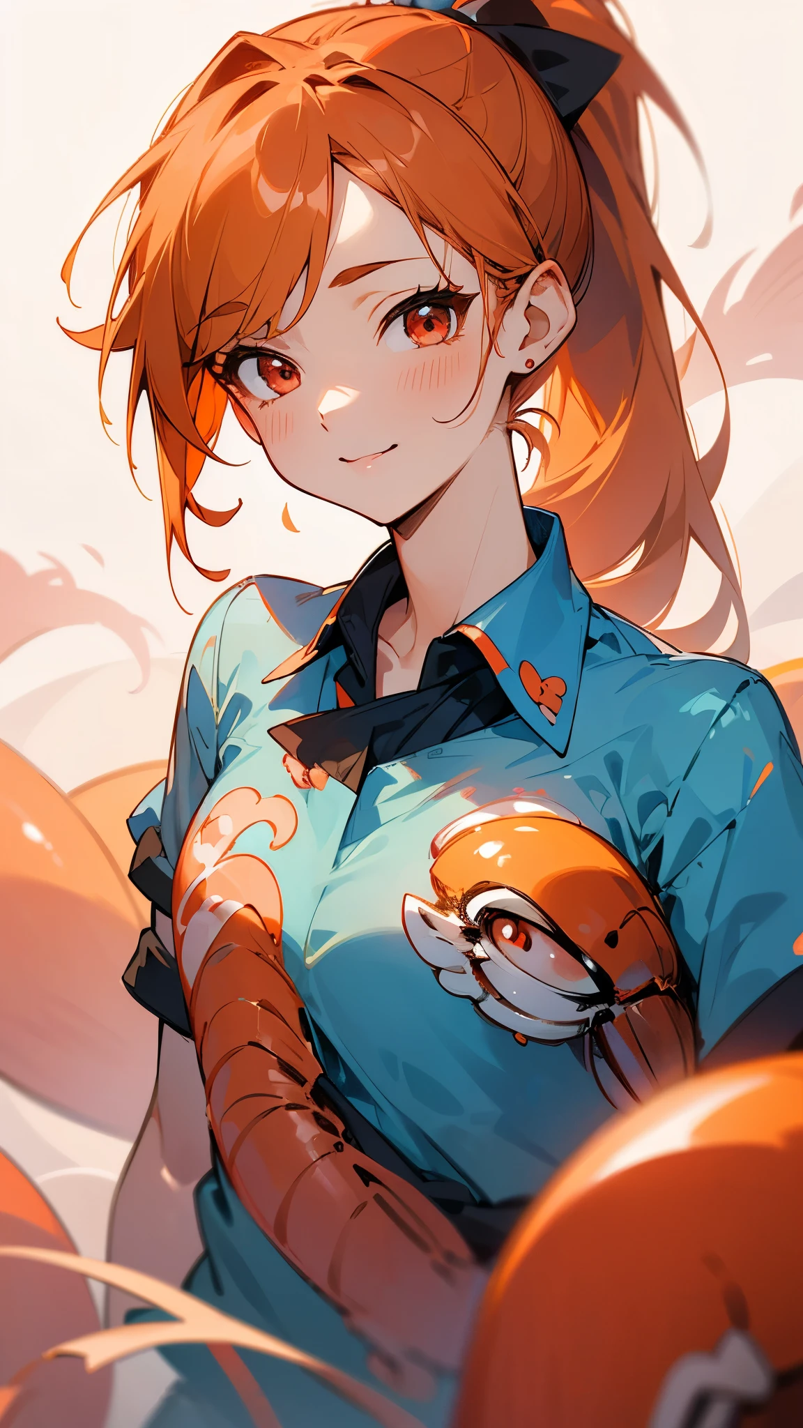 Young woman、Alone、Blue-based blouse shirt、Orange Hair、Ponytail、Round red eyes、A gentle gaze、smile、Upper body close-up、Shrimp mascot、Delicate contours、Under the moonlight、Blur the background