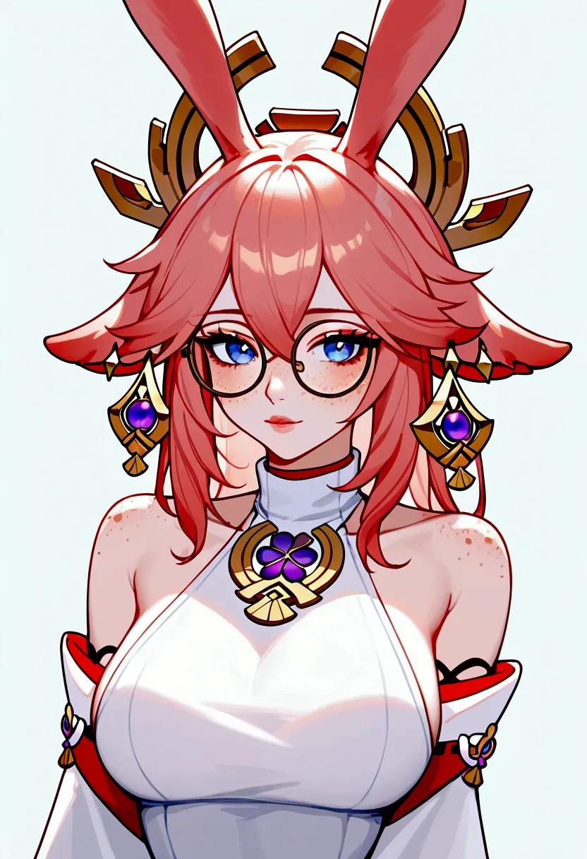 score_9, score_8_up, score_7_up, aurora (league of legends), 1 girl, blue eyes, pink hair, sexy, round glasses, freckles, bunny ...