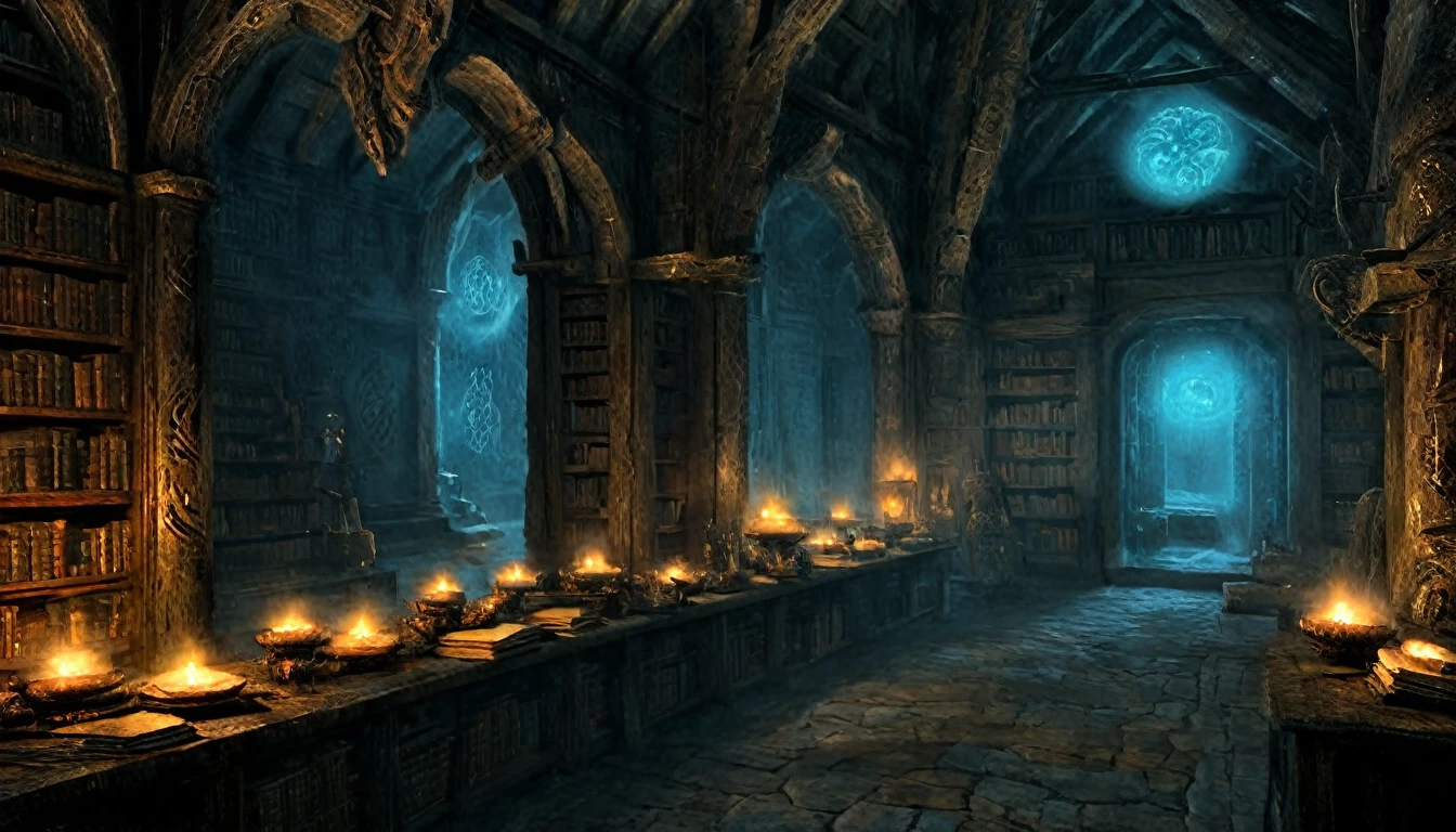 In the heart of an ancient, dimly lit Nordic library, rows of towering shelves filled with mysterious, weathered tomes stretch into the shadows. The air is thick with the scent of old parchment and dust, and the flickering torchlight casts long, eerie shadows across the stone walls. Each book is bound in dark, cracked leather, etched with strange runes and symbols that glow faintly in the low light, hinting at forgotten knowledge. Some spines bear intricate metallic clasps, dragon heads, or silver filigree, tarnished with age, while others are frayed and barely holding together. Cobwebs cling to the corners of shelves, untouched for centuries. The muted colors of cold blues, deep browns, and flickering golds enhance the mysterious, cinematic atmosphere, with whispers of ancient magic seemingly lingering in the silence. A faint glow emanates from a few select books, suggesting hidden power, as if the library itself is a keeper of dark secrets waiting to be unveiled., Surrealism, Hyperrealism, UHD, retina, masterpiece, accurate, anatomically correct, textured skin, super detail, best quality, 16k