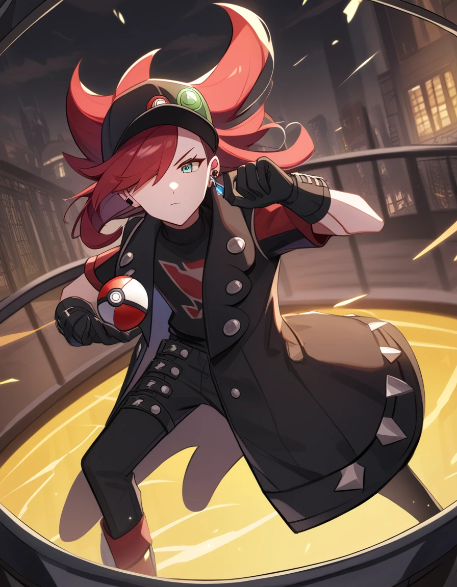 Teenage boy, hair lifted up, medium length hair, long bangs covering the left eye, , baseball cap with a pokeball symbol, red hair, beauty face, Eyes red, black jersey, loose red short-sleeved overcoat, pair of medium black gloves, eletric aura around the character, scene in a fighting arena, Your ear having a crystal earring, dynamax band for pokemon and gloves, City steampunk cenario, masterpiec, full hd.
