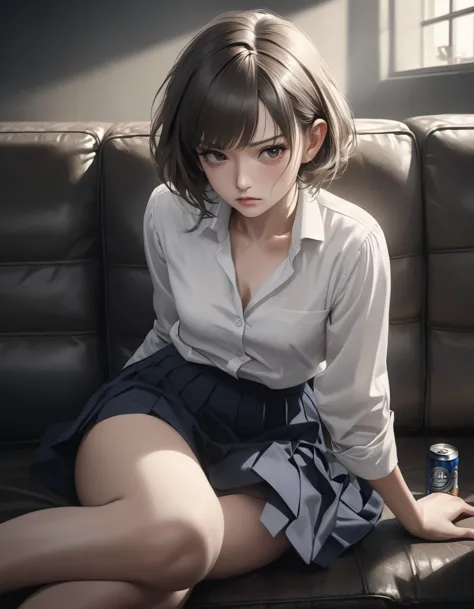 1girl, career woman in her 30s, short permed hair, navy skirt, tired expression, taking a canned beer from fridge, holding beer ...