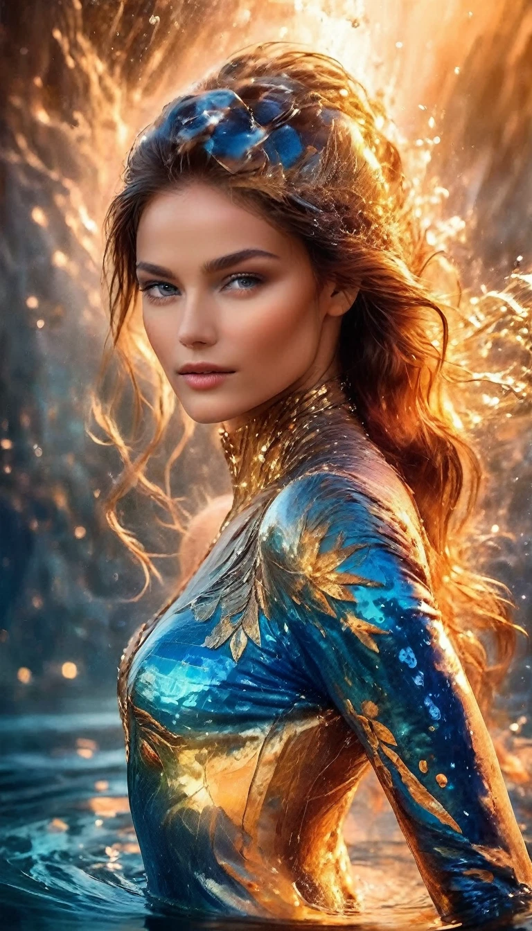 Beautiful woman, Dynamic poses, Smooth movement, (water, nude, stream of water, controlling water:1.2), A subtle smile, whole body, Lean abdominal muscles ,Facial details, Delicate eyes, Shiny skin, Glossy lips , brow, bushy eyebrows, Detailed background, Blue tint, Dreamy atmosphere, , (Official Art, Unity 8K Wallpaper, Extremely detailed, Beautiful and aesthetic, Main Part ,Best quality:1.3)