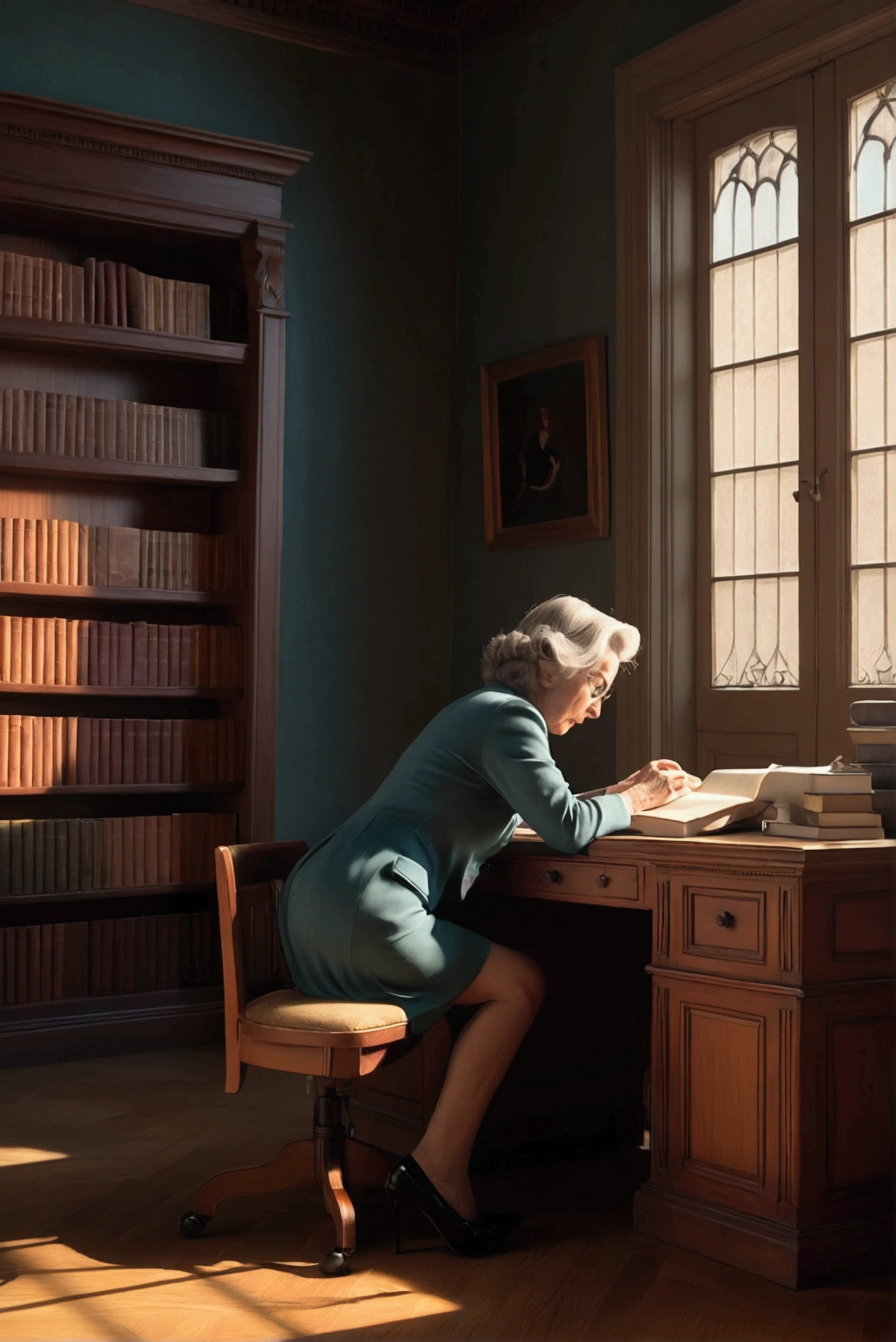 a mature woman in a silent, deserted library, rubbing her clitoris against the corner of a desk, feeling shame and pursuing pleasure, detailed realistic rendering, cinematic lighting, dramatic shadows, muted color palette