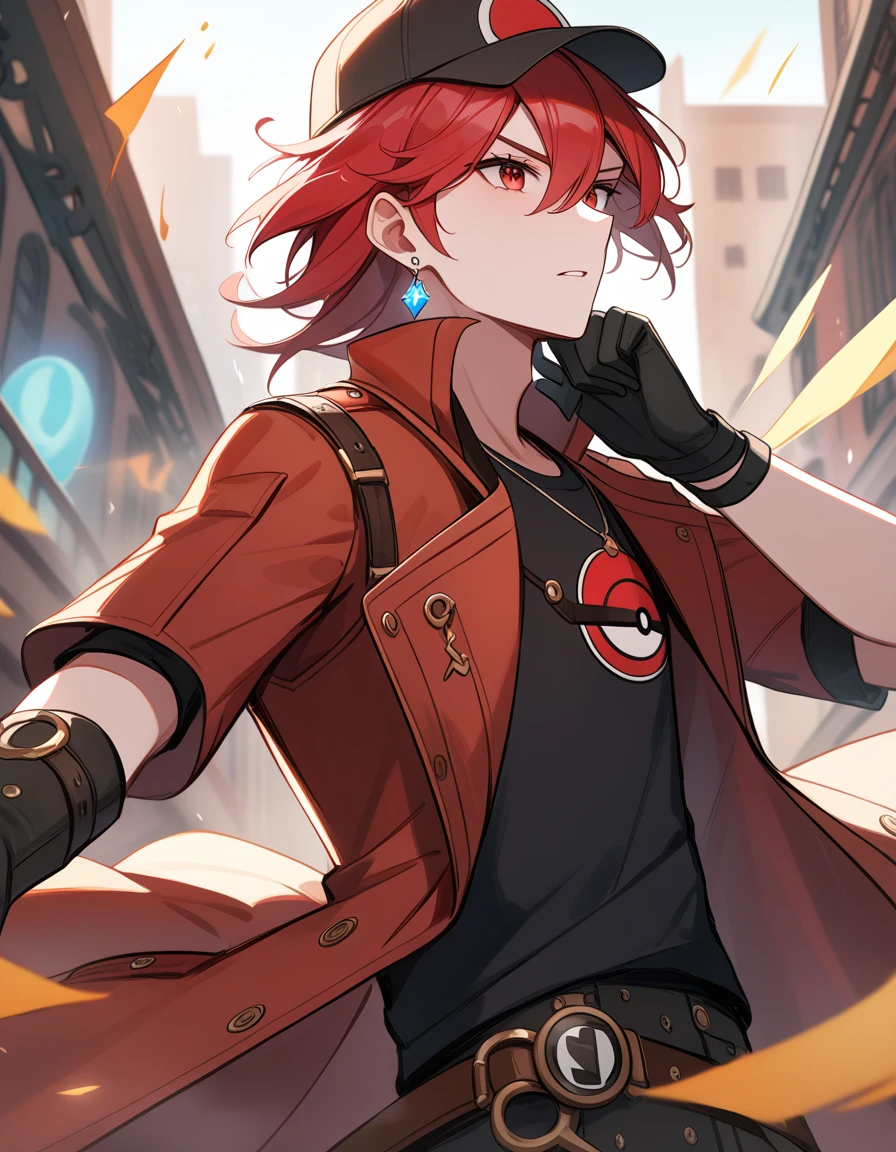 Teenage boy, hair lifted up, medium length hair, long bangs covering the left eye, , baseball cap with a pokeball symbol, red hair, beauty face, Eyes red, black jersey, loose red short-sleeved overcoat, pair of medium black gloves, eletric aura around the character, scene in a fighting arena, Your ear having a crystal earring, dynamax band for pokemon and gloves, City steampunk cenario, masterpiec, full hd.
