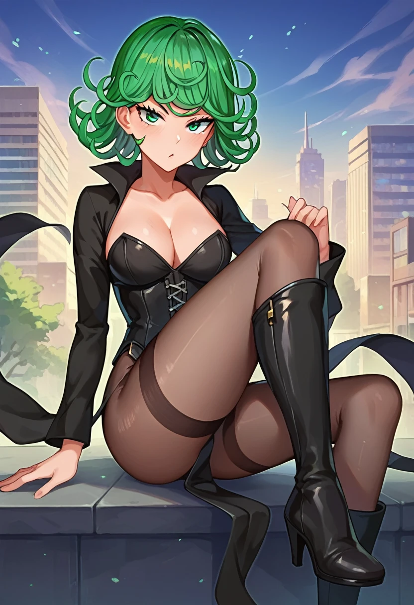 score_8_up, score_7_up, score_6_up, score_5_up, score_4_up, anime screenshot, tatsumaki, green hair, green eyes, short hair, curly hair, thighs, thighs, wide hips, big breast,
BREAK
city, Thigh-high heeled boots, sitting, pantyhose, strapless, corset, cleavage


