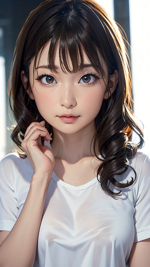 ((Beautiful Face:1.2)),Asian, beautiful, thin, cute, 30th Generation, beautiful Face, beautiful Skin, actress, Mature, Upper Body, Light Brown Hair, thin髪, Live Action, masterpiece, Best Quality, Highly detailed CG Unity 8K wallpaper, Ultra-high resolution, Casual Fashion, Lighting, Summer Fashion, (Natural brown hair: 0.8), (Wide Eyes), Watch the audience, Move around, Bleached Hair, Model pose, White background, Delicate skin types, Lightly curled hair, Hold your mouth with both hands, White T-shirt, Hair model photo