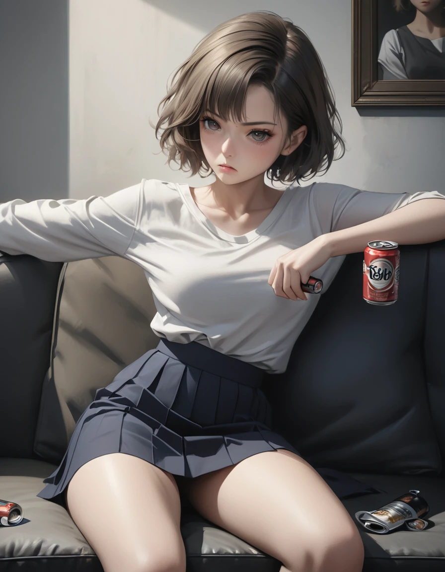 1girl, career woman in her 30s, short permed hair, navy skirt, tired expression, taking a canned beer from fridge, holding beer can in right hand, sitting on black sofa with legs spread 140 degrees, arms on sofa back, angry facial expression, (best quality,4k,8k,highres,masterpiece:1.2),ultra-detailed,(realistic,photorealistic,photo-realistic:1.37),highly detailed portrait, dramatic lighting, cinematic mood, muted color palette, oil painting style