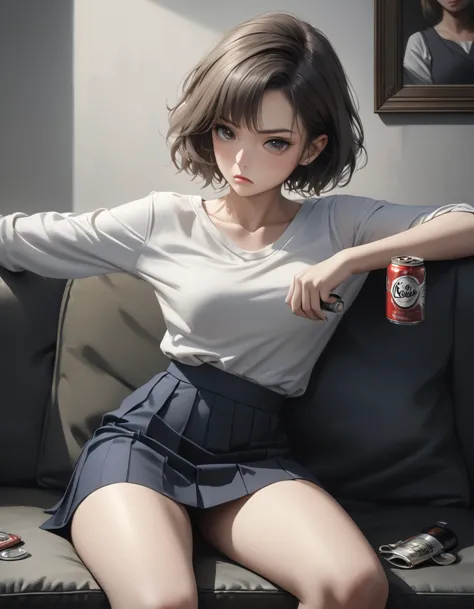 1girl, career woman in her 30s, short permed hair, navy skirt, tired expression, taking a canned beer from fridge, holding beer ...