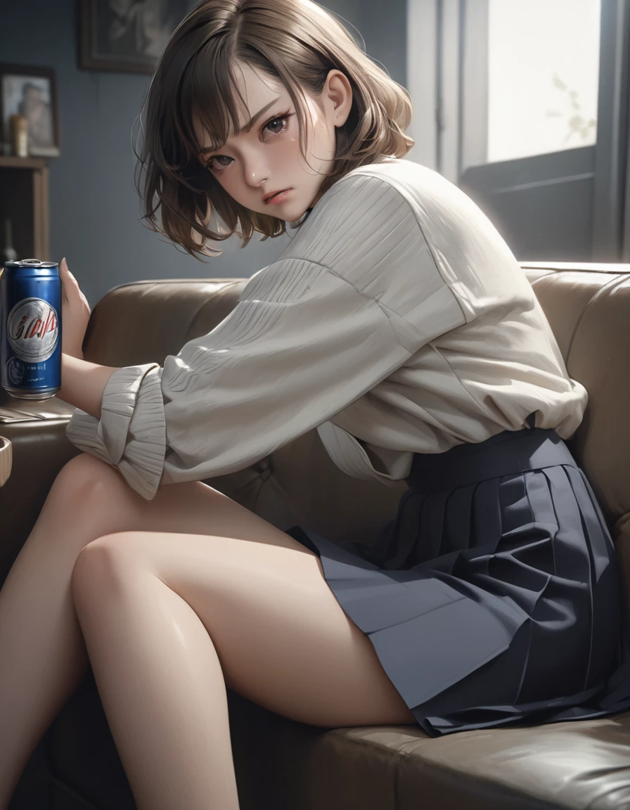 1girl, career woman in her 30s, short permed hair, navy skirt, tired expression, taking a canned beer from fridge, holding beer can in right hand, sitting on black sofa with legs spread 140 degrees, arms on sofa back, angry facial expression, (best quality,4k,8k,highres,masterpiece:1.2),ultra-detailed,(realistic,photorealistic,photo-realistic:1.37),highly detailed portrait, dramatic lighting, cinematic mood, muted color palette, oil painting style