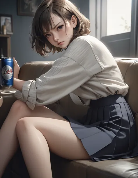 1girl, career woman in her 30s, short permed hair, navy skirt, tired expression, taking a canned beer from fridge, holding beer ...