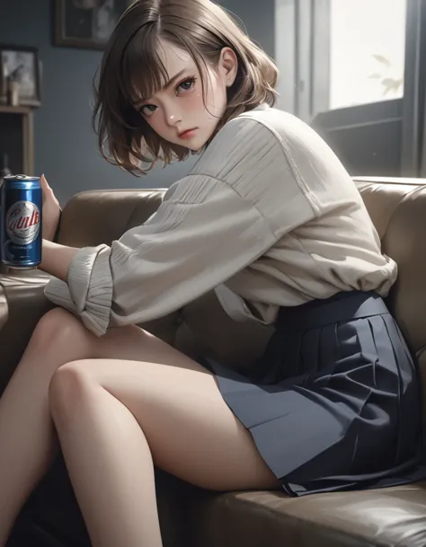 1girl, career woman in her 30s, short permed hair, navy skirt, tired expression, taking a canned beer from fridge, holding beer ...