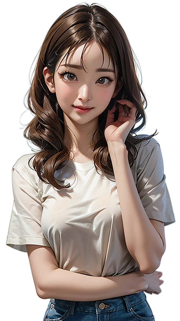 ((Beautiful Face:1.2)),Asian, beautiful, thin, cute, 30th Generation, beautiful Face, beautiful Skin, actress, Mature, Upper Body, Light Brown Hair, thin髪, Live Action, masterpiece, Best Quality, Highly detailed CG Unity 8K wallpaper, Ultra-high resolution, Casual Fashion, Lighting, Summer Fashion, (Natural brown hair: 0.8), (Wide Eyes), Watch the audience, Move around, Bleached Hair, Model pose, White background, Delicate skin types, Lightly curled hair, Hold your mouth with both hands, White T-shirt, Hair model photo