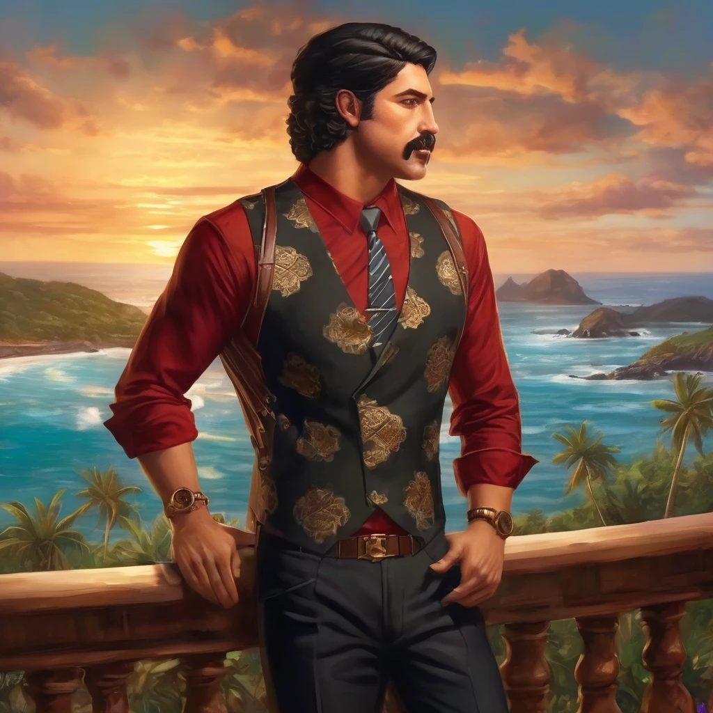 (obra maestra, Mejor calidad:1.2), 1 chico, thenahualli, serious, dangerous man, elegant, elegante, (((black vest))), balcony, Hawaii, views of the sea from the balcony, hands on back (((realistic, detailed, photorealistic))), de cerca, close up, from front