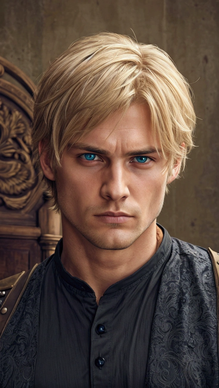 "A serious-looking young Western man with short, slightly messy blonde hair and sharp facial features. His piercing blue-green eyes are focused intensely forward. He wears a dark, textured tactical shirt, hinting at a military or action-oriented background. His expression is stern, almost cold, and the setting behind him has a regal or gothic feel with intricate details like ornate furniture or decor. The lighting is soft but highlights his face, giving him a rugged, determined look.