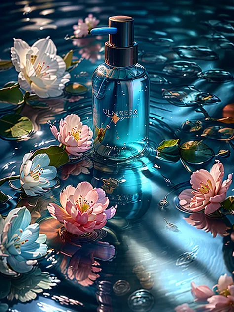 (best quality, 4k, 8k, high resolution, masterpiece), ultra-detailed, photorealistic, blender, ((makeup bottle)), cherry blossom...