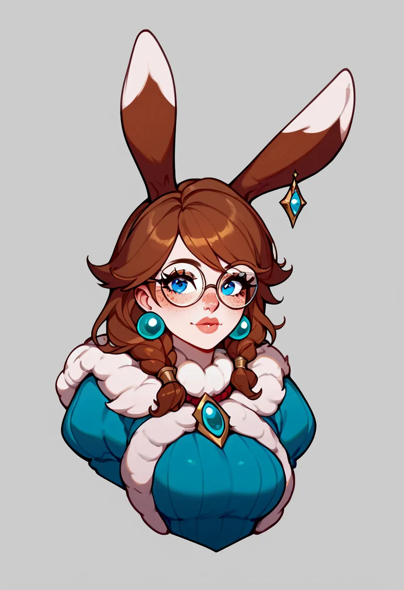 score_9, score_8_up, score_7_up, aurora (league of legends), 1 girl, blue eyes, brown hair, sexy, round glasses, freckles, bunny...