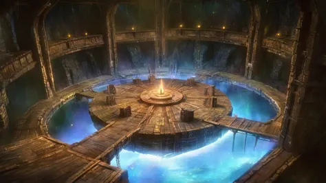 sci-fi, indoor, water, wooden bridge, deserted, ruins, ancient building, aurora borealis, dark, scenery, secret box floating in ...