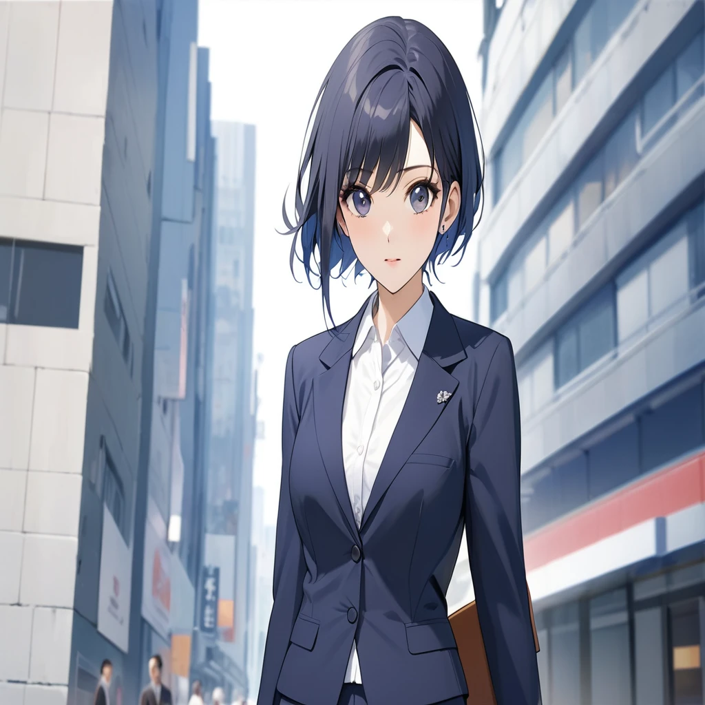 A career woman, 3, wearing a suit、Hairstyle: Short Hair Permanent、Navy blue skirt underneath,(Best Quality、4K、8k、High resolution、masterpiece:1.2)、Super detailed、(Real、Photorealistic、Photorealistic:1.37)、Highly detailed portrait、Dramatic lighting、Cinematic atmosphere、A calming color palette、Oil painting style