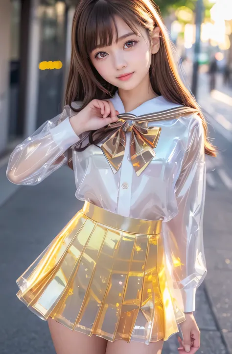 Very beautiful cute girl) (very cute face:1.2),(baby face),(sparking clear attractive large eyes:1.2), Beautiful detailed eyes, Detailed double eyelids, smiling, (realistic photograph:1.1), in the street,
(super shiny gold transparent holographic sailor high school uniform:1.2),(super shiny gold transparent holographic pleated mini skirt :1.1),
(brown hair:1.2),professional portrait ,costume with very smooth and strong reflective surfaces 