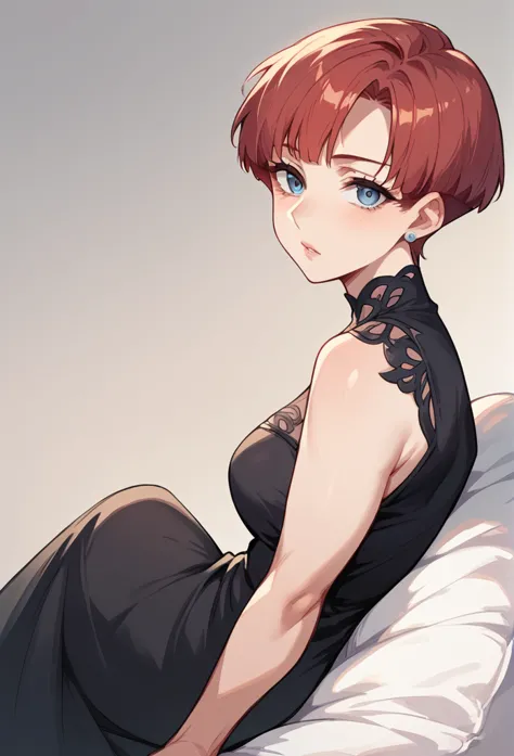 mature woman, short red hair(cut on both sides,pompadour), blue eyes black dress,  anime style