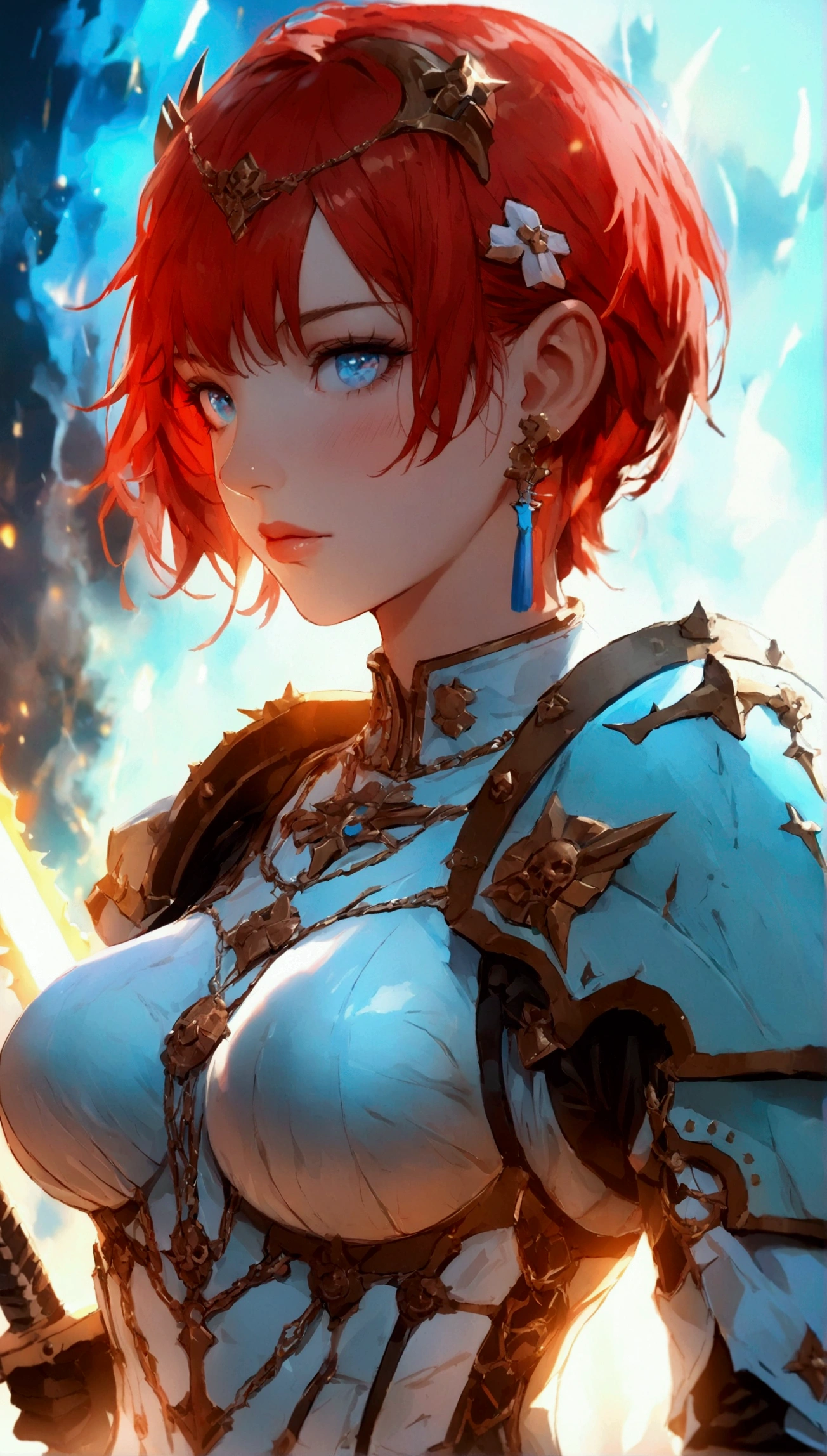 (Masterpiece. The best quality. 8K. Sharp focus. Depth of field, The best shadows. Perfect lighting. HDR. Realistic skin texture. Ultra-detailed background. Details). Anime style. Honkai: Star Rail. 1 girl. March 7. Warhammer 40000. Adeptus Sororitus. Sister of Battle. Fiery red hair. Short hair. Ultra-detailed hair. Earrings with rubies in the ears. Azure blue eyes. Beautiful eyes. Beautiful eyes. Expressive eyes. Ultra-detailed eyes. Perfect face. Beautiful face. Beautiful nose. Thin lips. Ultra-detailed face. Perfect anatomical body. Slender body. Thin waist. B-size breasts. Beautiful arms. Rounded hips. Beautiful long legs. Ultra-detailed body.  Warhammer 40,000 Sisters of Battle armor. Ultra-detailed armor. Chainsword. Holds chainsword in front of her. No background. White background. No wallpaper. White wallpaper. Stands full-length. Stands full-length. Full body.