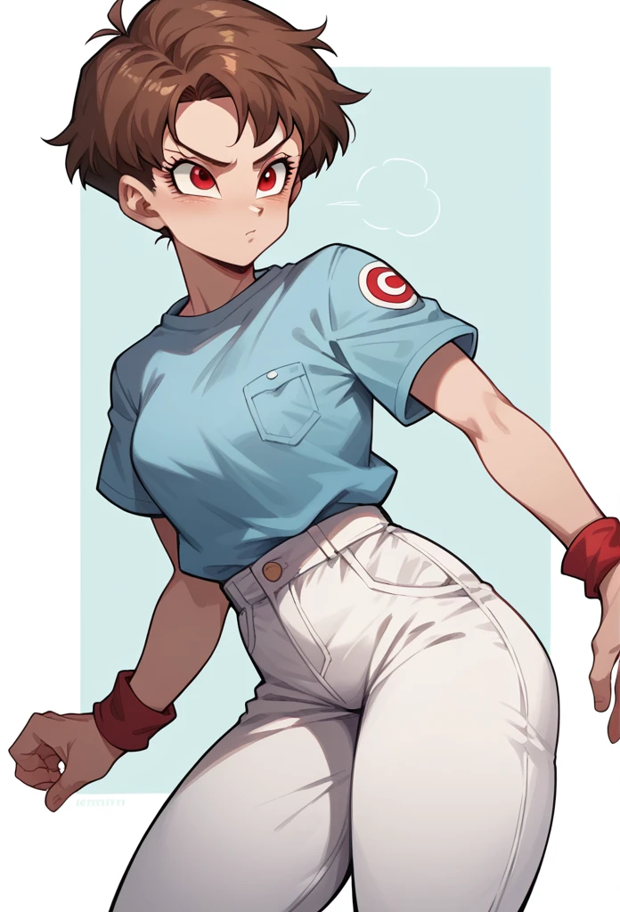 woman, short reddish brown hair with white streak, red eyes,light blue clothing with orange details,short sleeve, white pants , Dragon ball style,drawn