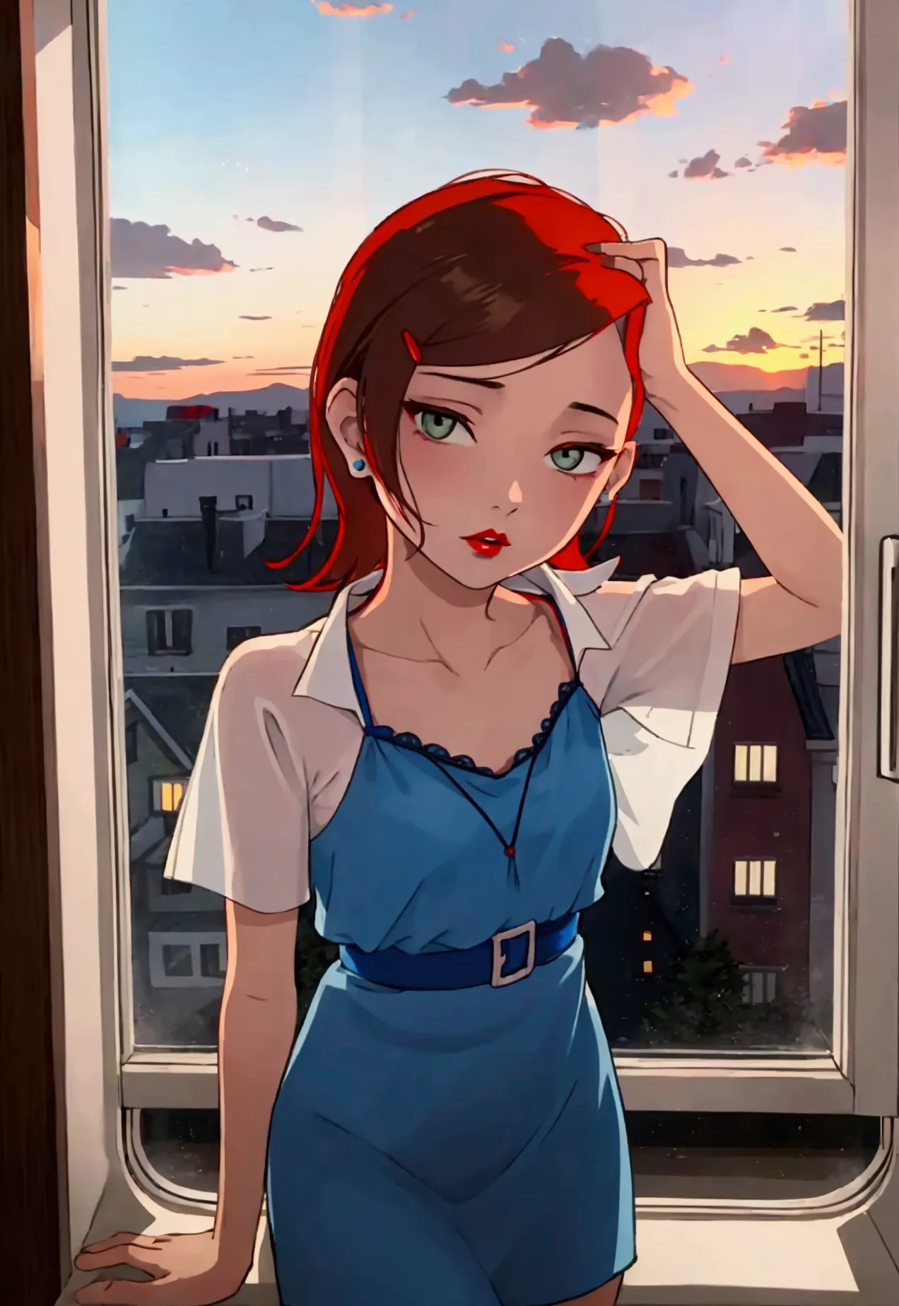 women, brunette, white skin, red lips, short blue dress, posing in a sexy way, in a hotel room, window showing the sky at dawn