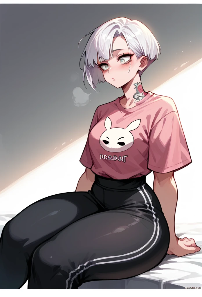 woman,short white hair cut on the sides brushed back ,tattoos on the neck, ,bright eyes pink ,black legging pants,pink polo blouse with black dragon print ,thick thighs ,anime style