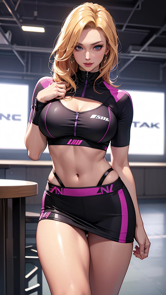 1girl, detailed background, standing, (best quality,4k,8k, highres, masterpiece:1.2),ultra-detailed, absurdres, (realistic, photo-realistic:1.37),HDR,UHD, studio lighting, ultra-fine painting, red lips, perfect eyes, middle and shiny hair, blonde hair, athlete:0.9, middle seductive breasts, sexy cleavage, BREAK sportswear with purple and black graphic patterns, BREAK black mini sports skirt , visible thong straps, smirk, juicy lips, tasty , sexy thighs and midriff, perfect anatomy,