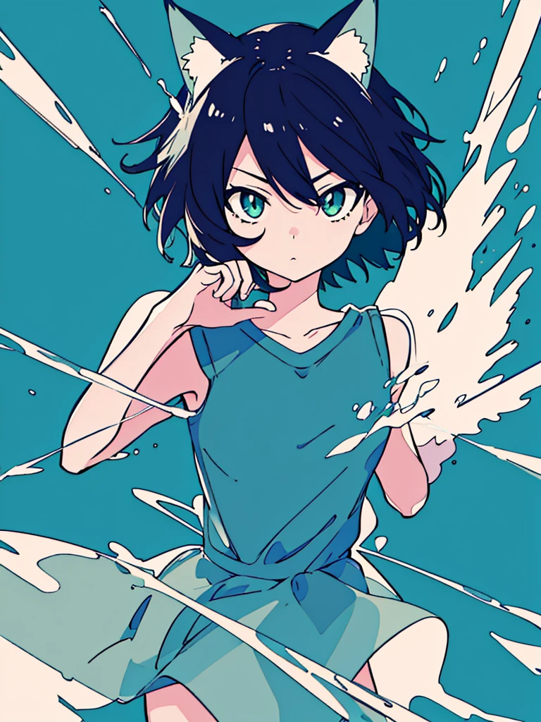 masterpiece, best quality, cat ear, angel, One girl, natural, monochrome, upper body, jitome, short hair, high angle, Dynamic feeling, action, transparency, Anime, blue green background, cool, hand near face,