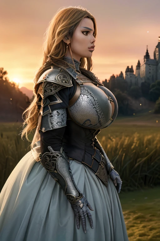 (masterpiece), (extremely intricate:1.3), (realistic), photo of a girl, the most beautiful in the world, (medieval armor), upper body, outdoors, far away castle, professional photograph of a stunning woman detailed, sharp focus, dramatic, award winning, cinematic lighting, volumetrics dtx, (film grain, blurry background, blurry foreground, bokeh, depth of field, sunset, motion blur:1.3), 4k, 8k, hd, hdr, KnightT, armor