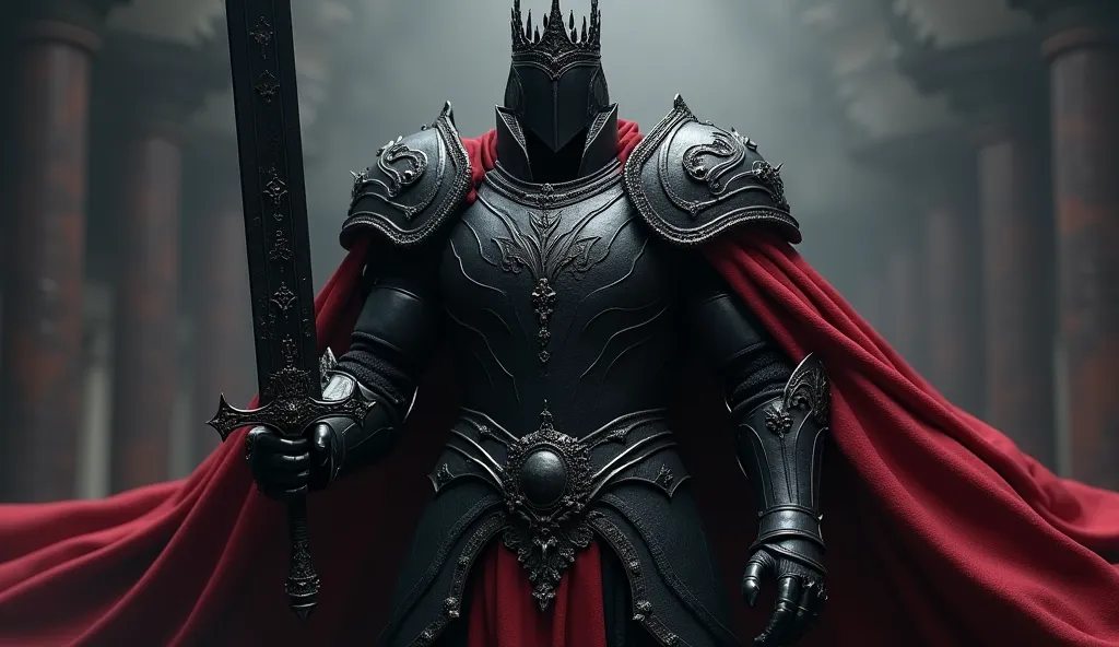 This is a very cool and detailed image! It shows a dark and powerful warrior, clad in black armor with a crown and a piercing stare. She is holding a black sword and wears a red cape. The lighting and colors are well-done. The dark armor and red cape create a striking contrast, and the warrior's expression is both fierce and determined. I love the attention to detail on her armor, it's intricate and imposing.