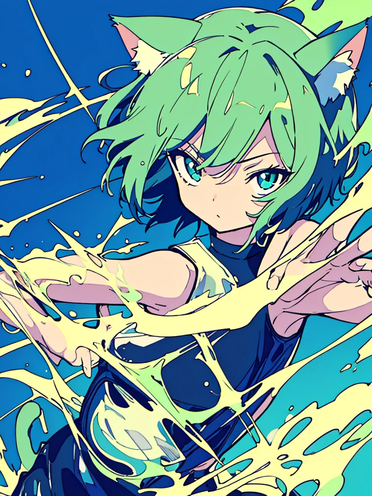 masterpiece, best quality, cat ear, angel, One girl, , natural, monochrome, upper body, jitome, short hair, high angle, Dynamic feeling, action, transparency, Anime, blue green background, cool, hand near face,