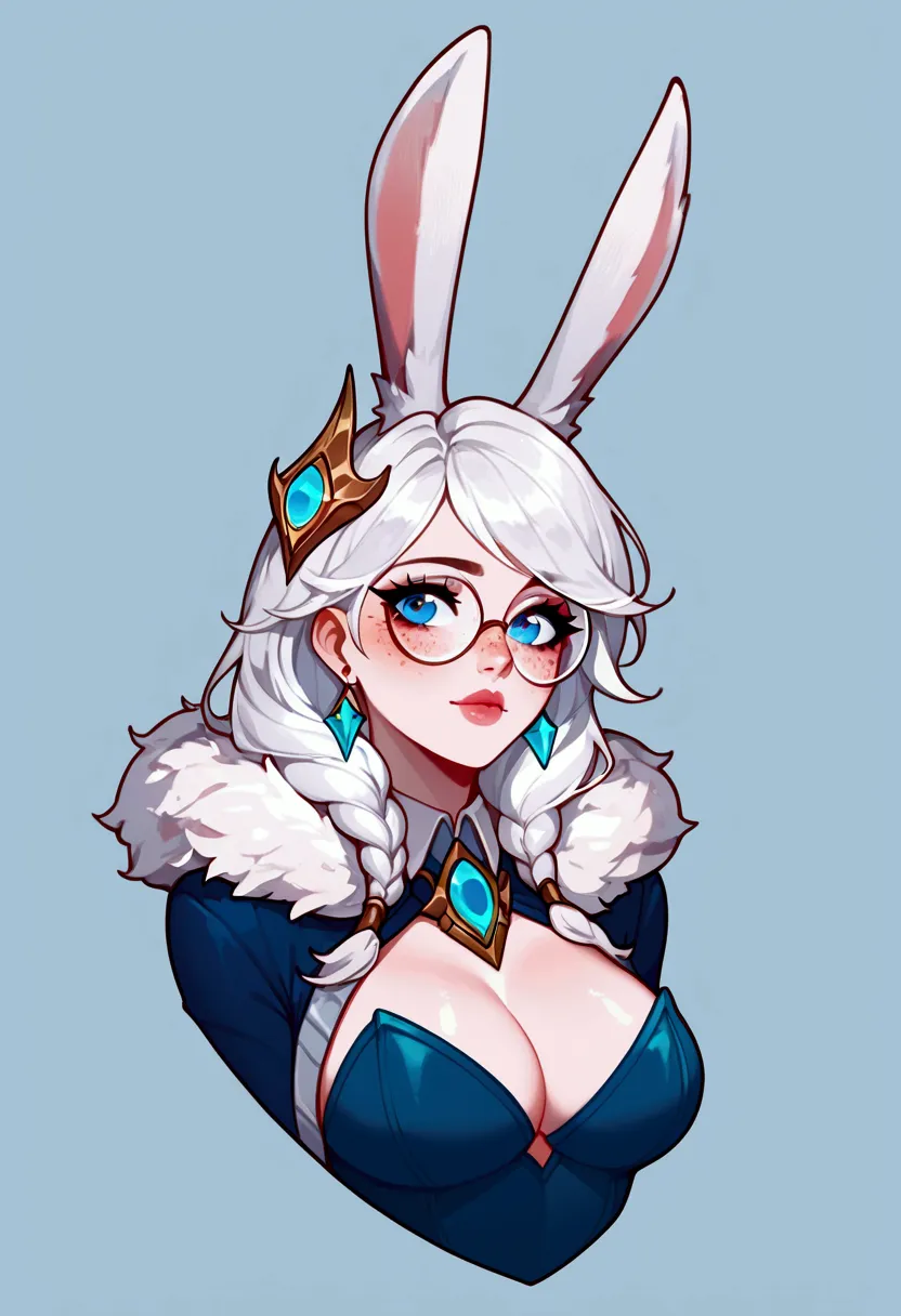 score_9, score_8_up, score_7_up, aurora (league of legends), 1 girl, blue eyes, white hair, sexy, round glasses, freckles, bunny...