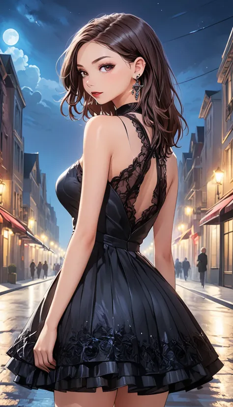 ((modern gothic:1.3)), ((masterpiece:1.1)), (extremely detailed and beautiful backgrounds), 1 girl,dress to rock，earrings，black，...