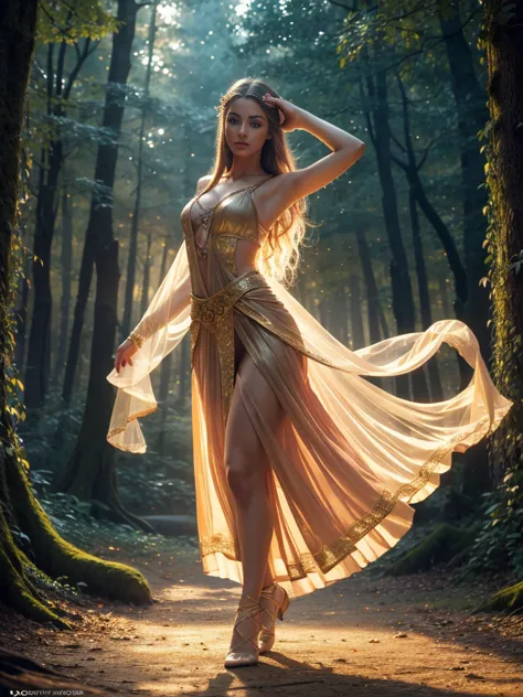 a beautiful exotic high elven dancer, sensual, erotic, sublime, 1girl, long flowing hair, elegant ethereal dress, graceful balle...