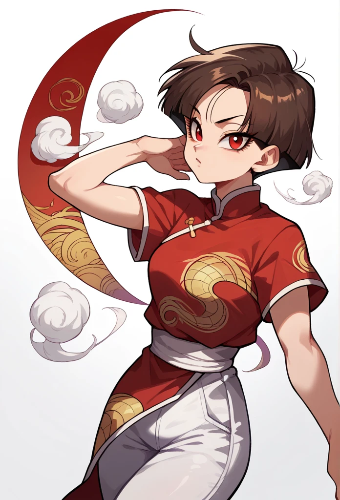 woman, Short brown hair with white streak , red eyes,Oriental red dress with gold print, black pants,short sleeve, white pants , Dragon ball style,drawn,Solo, 1 girl