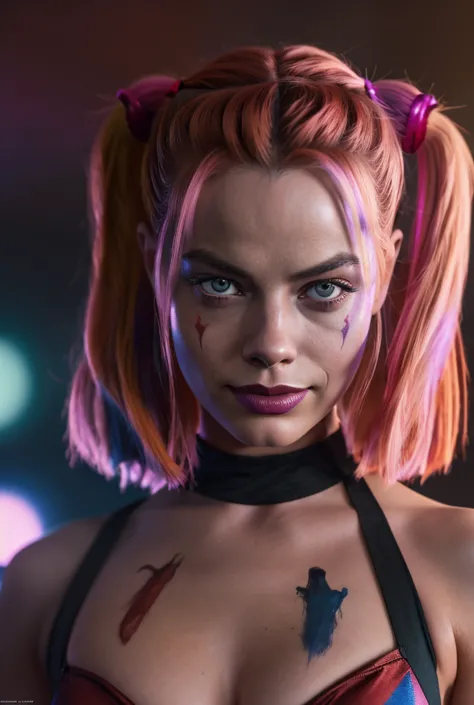 portrait of margot robbie as a clown at a crowded party, wearing a closed black and red clown suit, harley quinn style, his face...